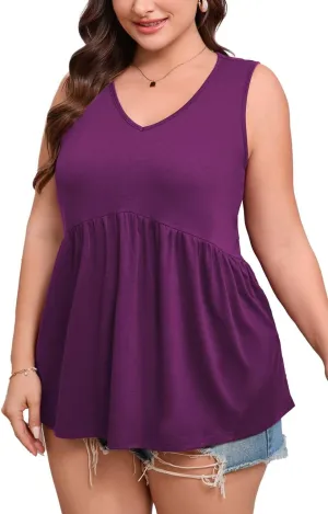 Women's Plus Size Tank Tops 2025 Sleeveless Pleated V Neck Blouse Casual Loose Fit Summer Tops for Curvy Women