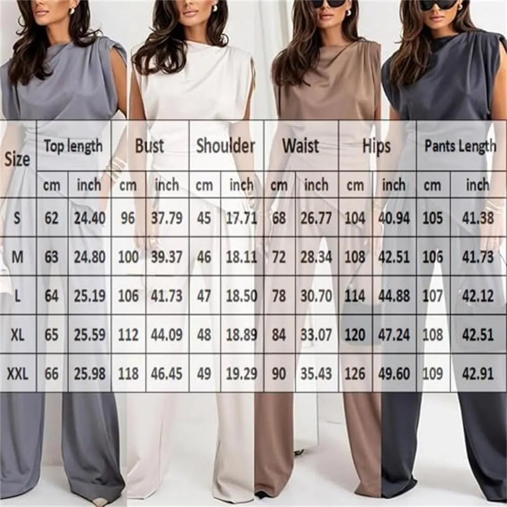 Women's Round Neck Pleated Sleeveless Casual Suit, Casual Solid Color Irregular Top and High Waist Wide Leg Pants Set