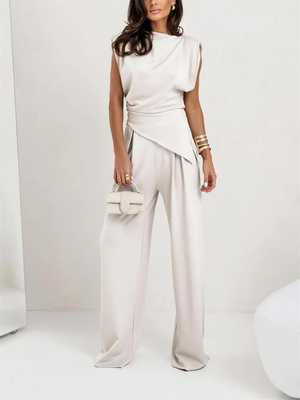 Women's Round Neck Pleated Sleeveless Casual Suit, Casual Solid Color Irregular Top and High Waist Wide Leg Pants Set