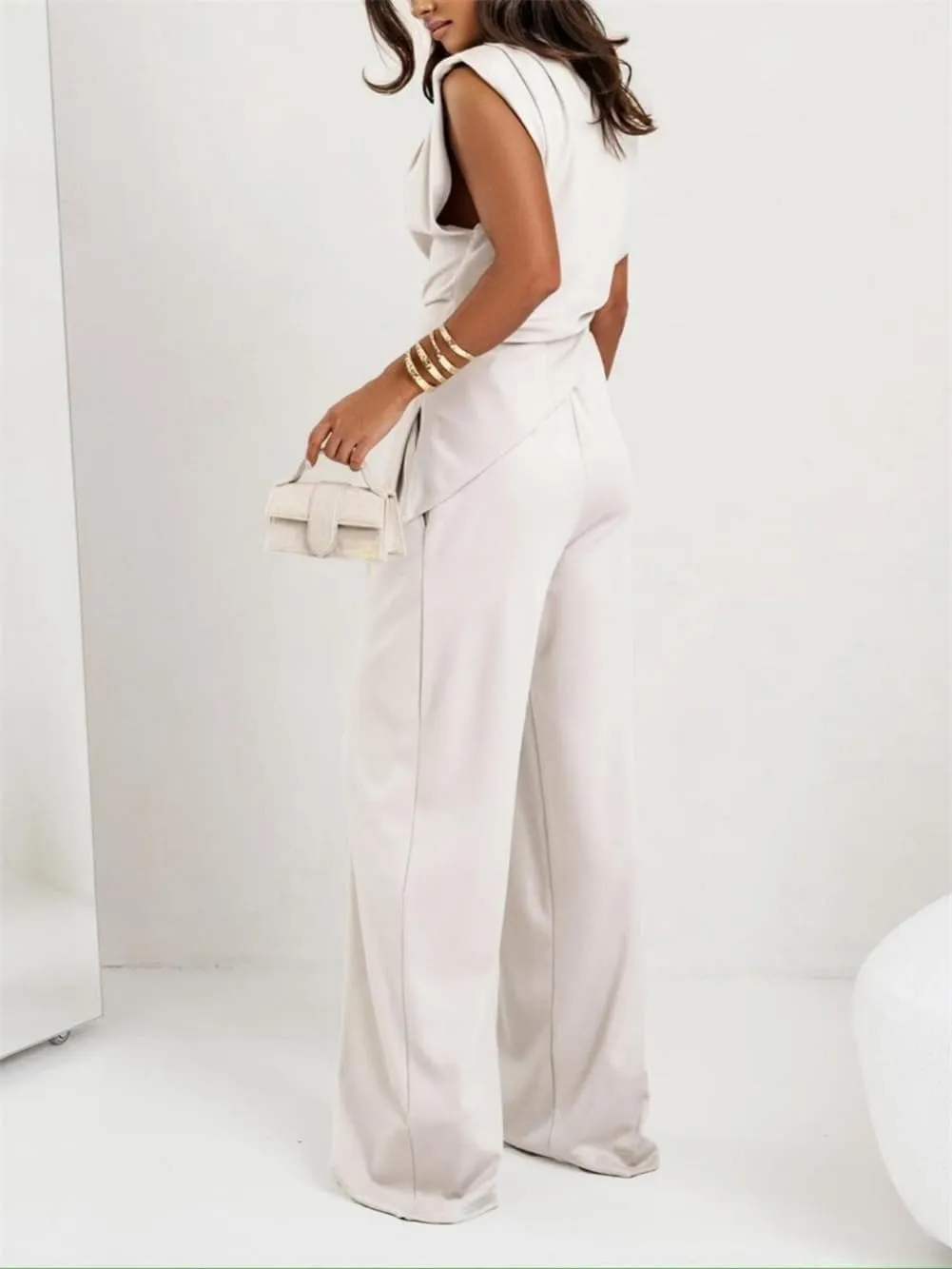 Women's Round Neck Pleated Sleeveless Casual Suit, Casual Solid Color Irregular Top and High Waist Wide Leg Pants Set