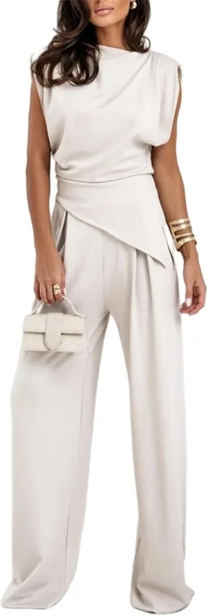 Women's Round Neck Pleated Sleeveless Casual Suit, Casual Solid Color Irregular Top and High Waist Wide Leg Pants Set