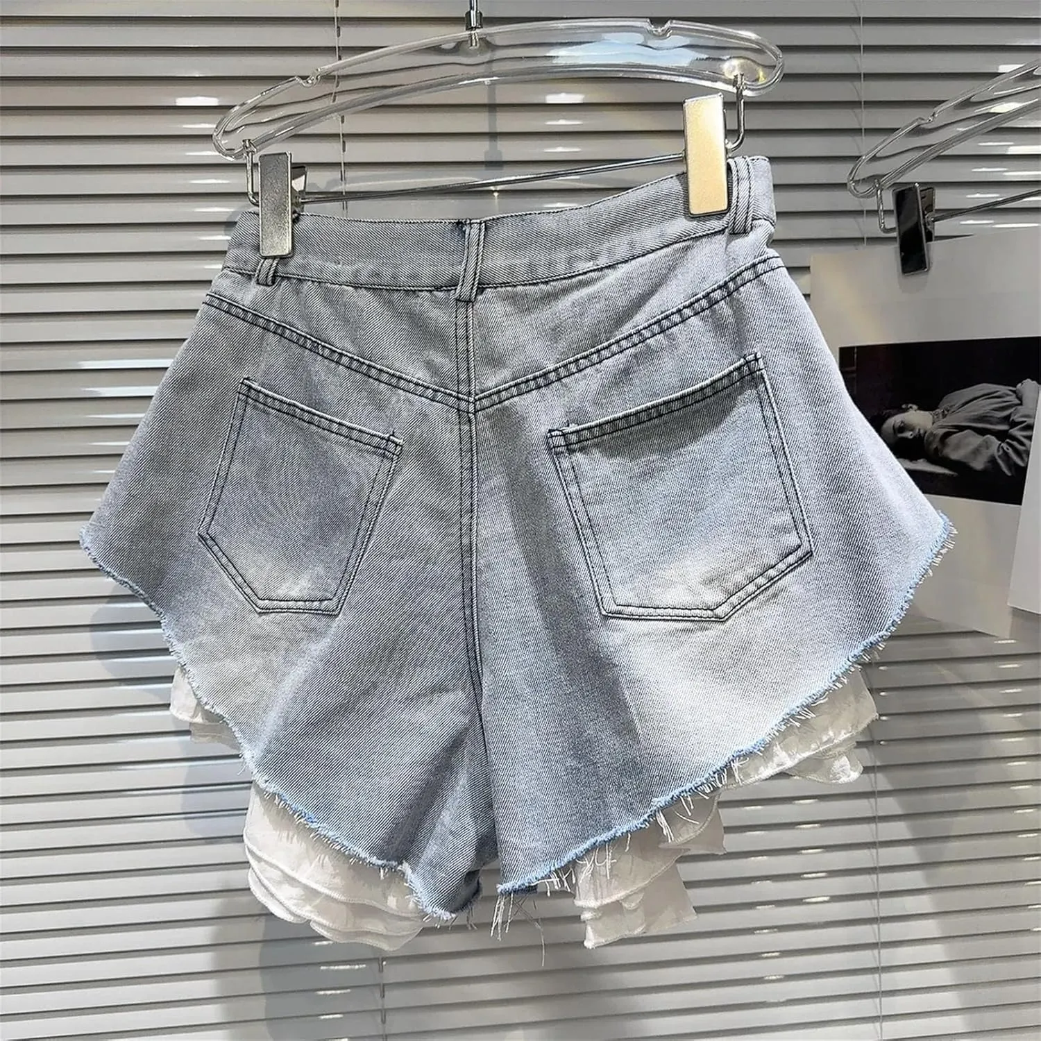 Womens Ruffles Patchwork Denim Shorts Spring Summer Light Blue Wide-Leg Hot Pants