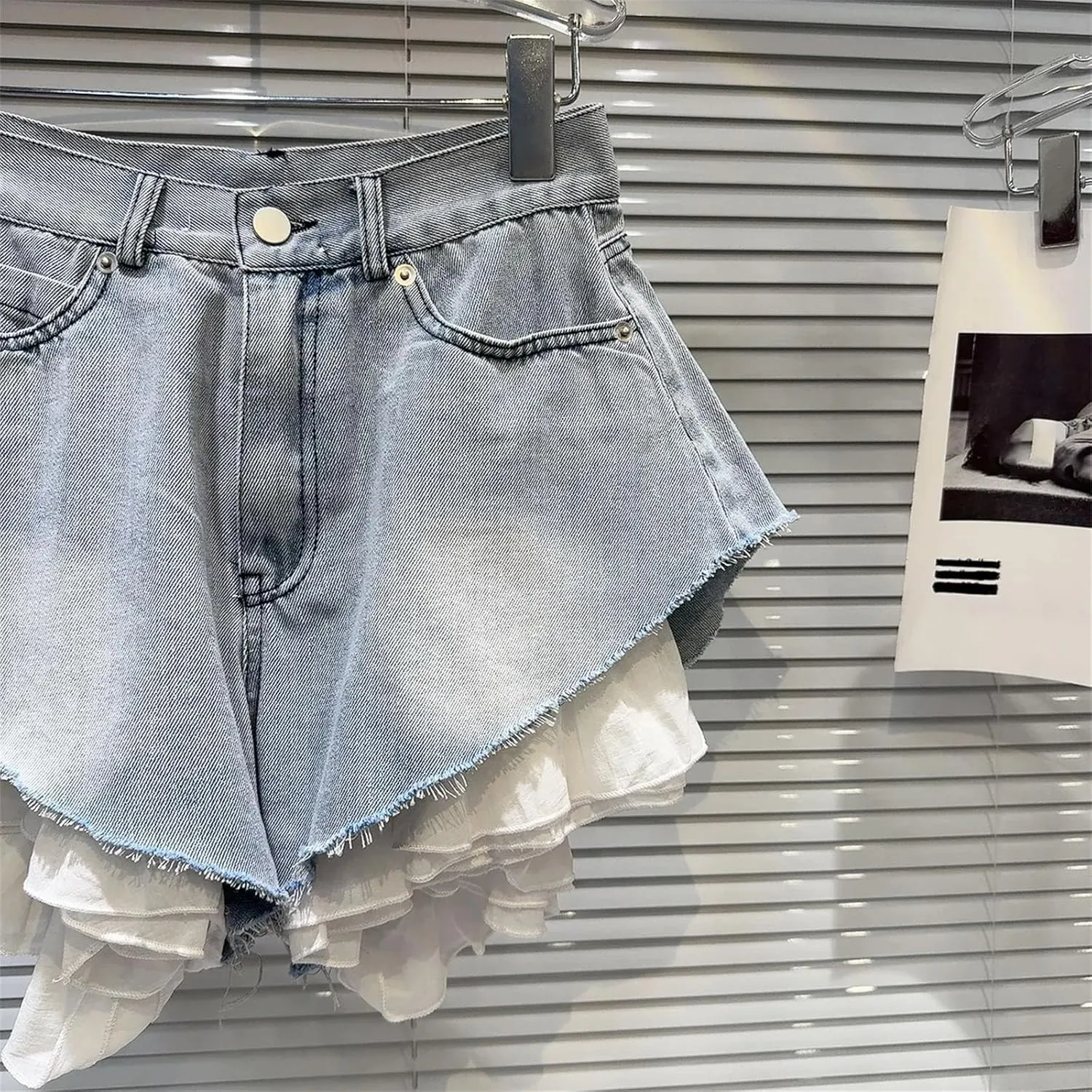 Womens Ruffles Patchwork Denim Shorts Spring Summer Light Blue Wide-Leg Hot Pants