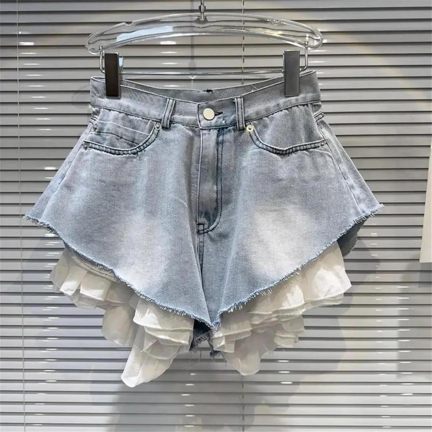 Womens Ruffles Patchwork Denim Shorts Spring Summer Light Blue Wide-Leg Hot Pants