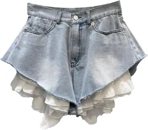 Womens Ruffles Patchwork Denim Shorts Spring Summer Light Blue Wide-Leg Hot Pants