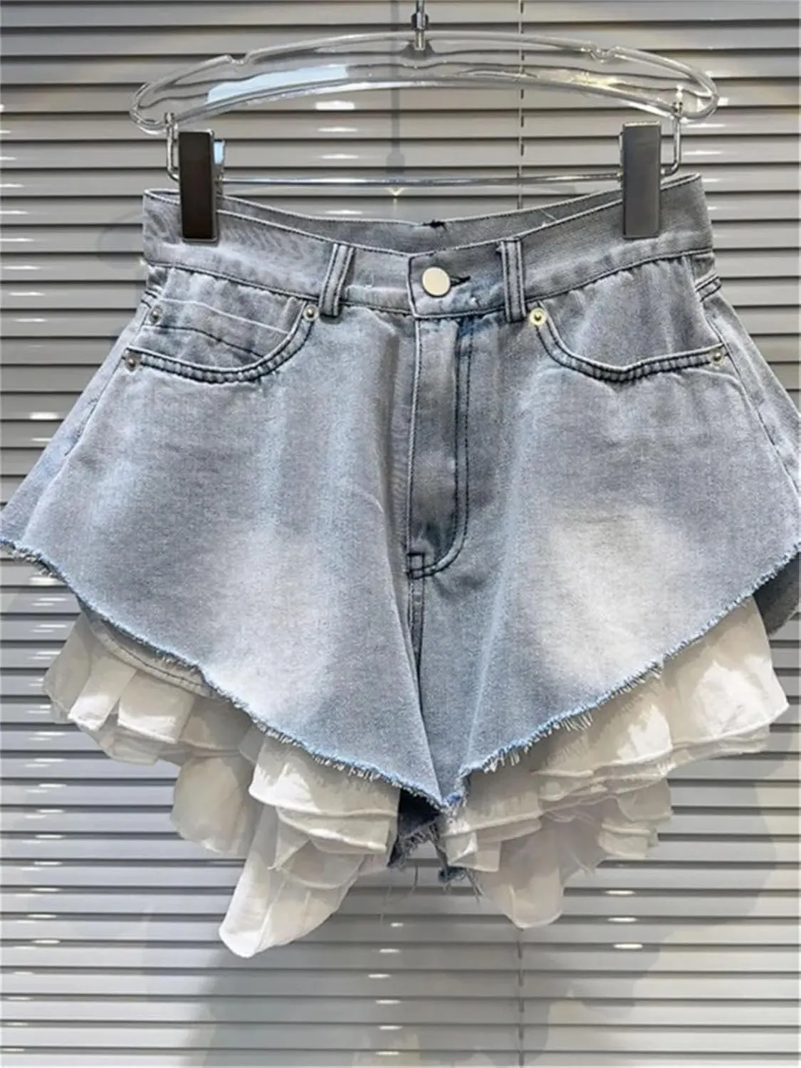 Womens Ruffles Patchwork Denim Shorts Spring Summer Light Blue Wide-Leg Hot Pants