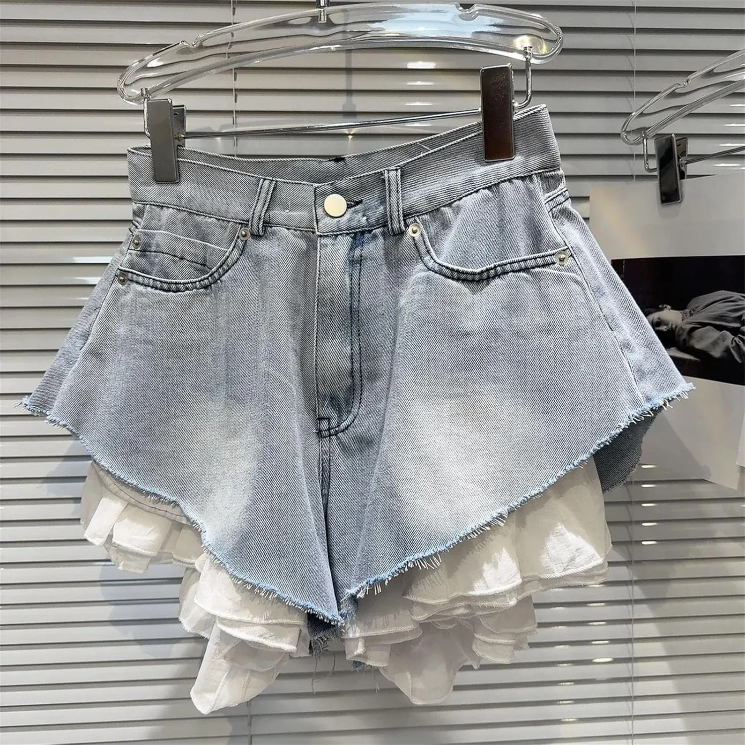 Womens Ruffles Patchwork Denim Shorts Spring Summer Light Blue Wide-Leg Hot Pants
