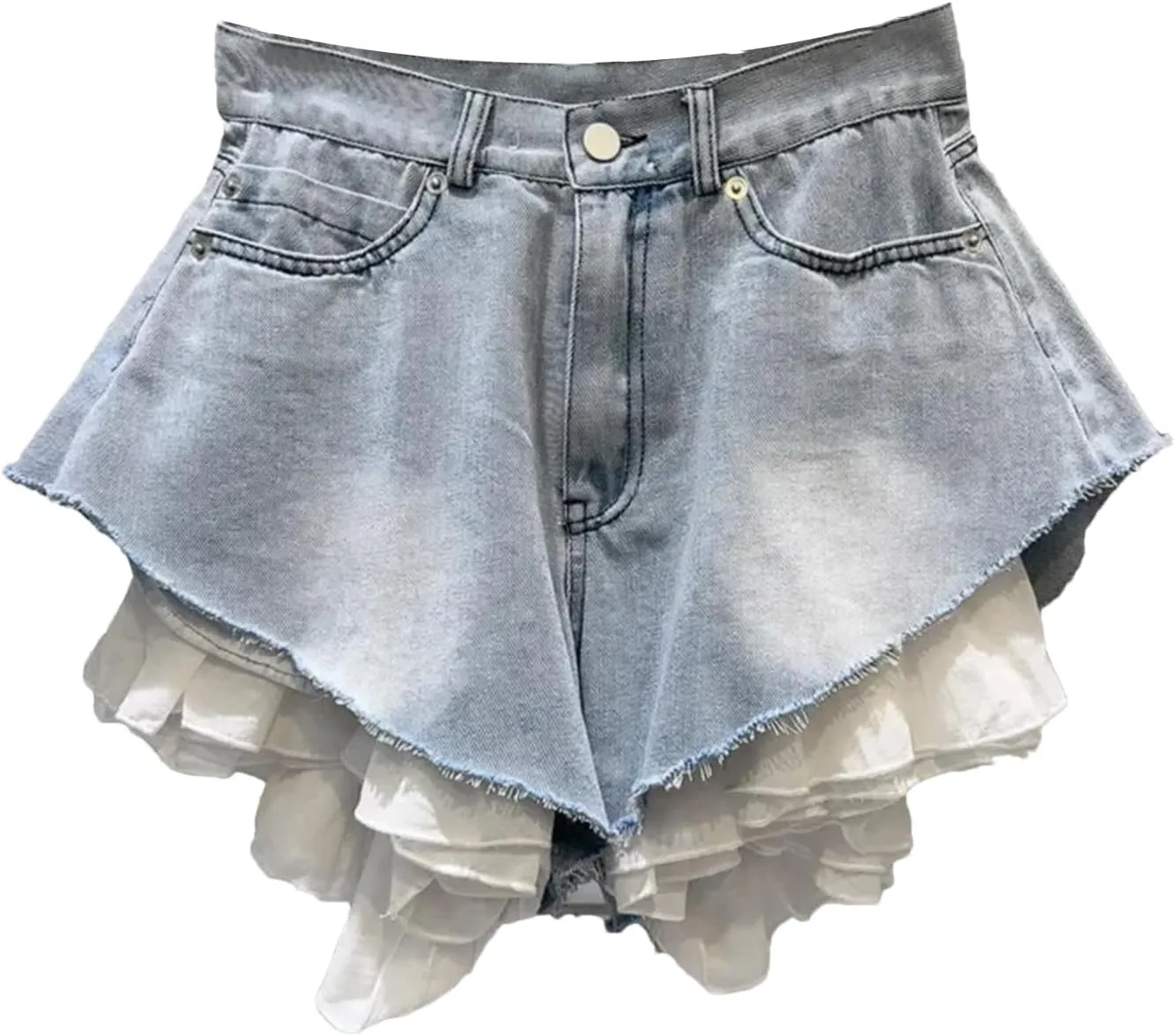 Womens Ruffles Patchwork Denim Shorts Spring Summer Light Blue Wide-Leg Hot Pants