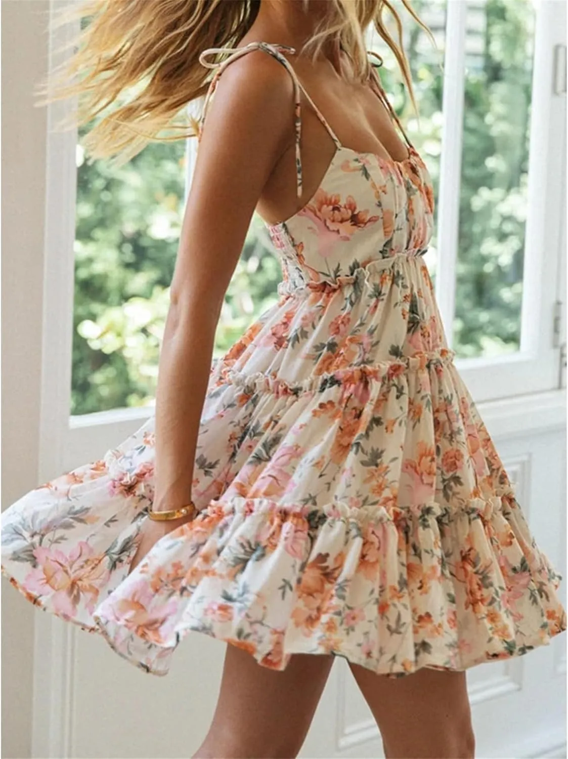 Womens Sleeveless Summer Tiered Mini Dress Spaghetti Strap Floral Smocked Beach Dress Boho Ruffle Skater Dress