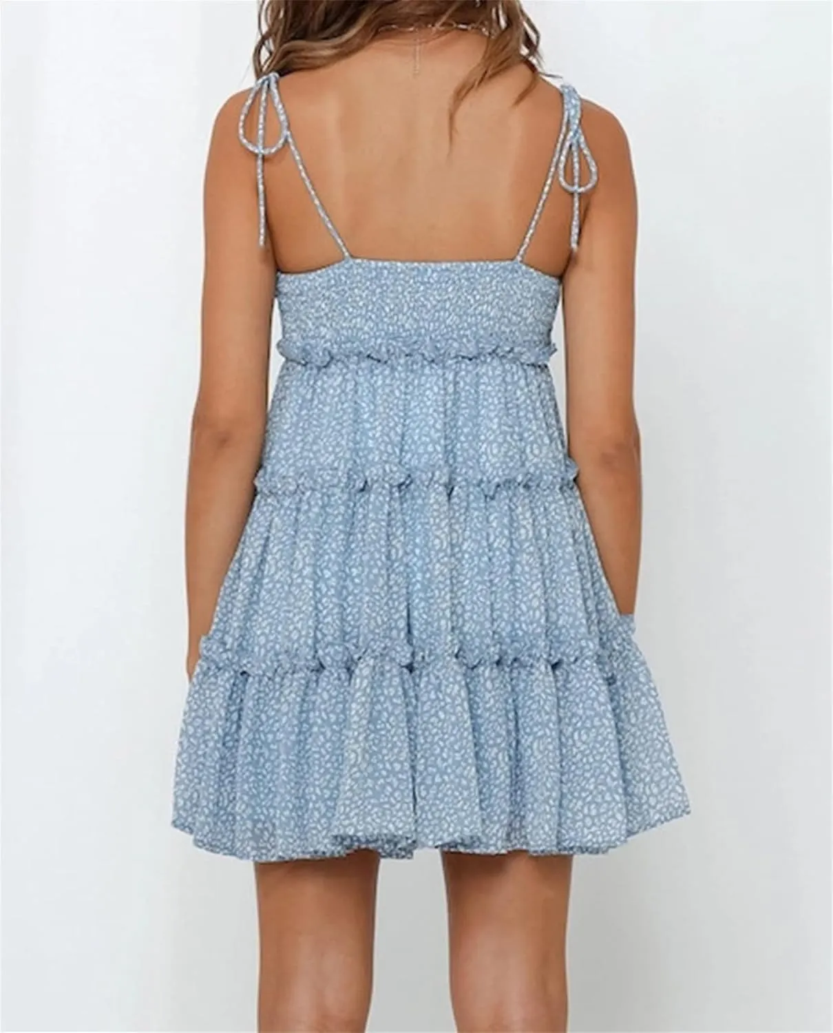 Womens Sleeveless Summer Tiered Mini Dress Spaghetti Strap Floral Smocked Beach Dress Boho Ruffle Skater Dress