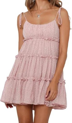 Womens Sleeveless Summer Tiered Mini Dress Spaghetti Strap Floral Smocked Beach Dress Boho Ruffle Skater Dress