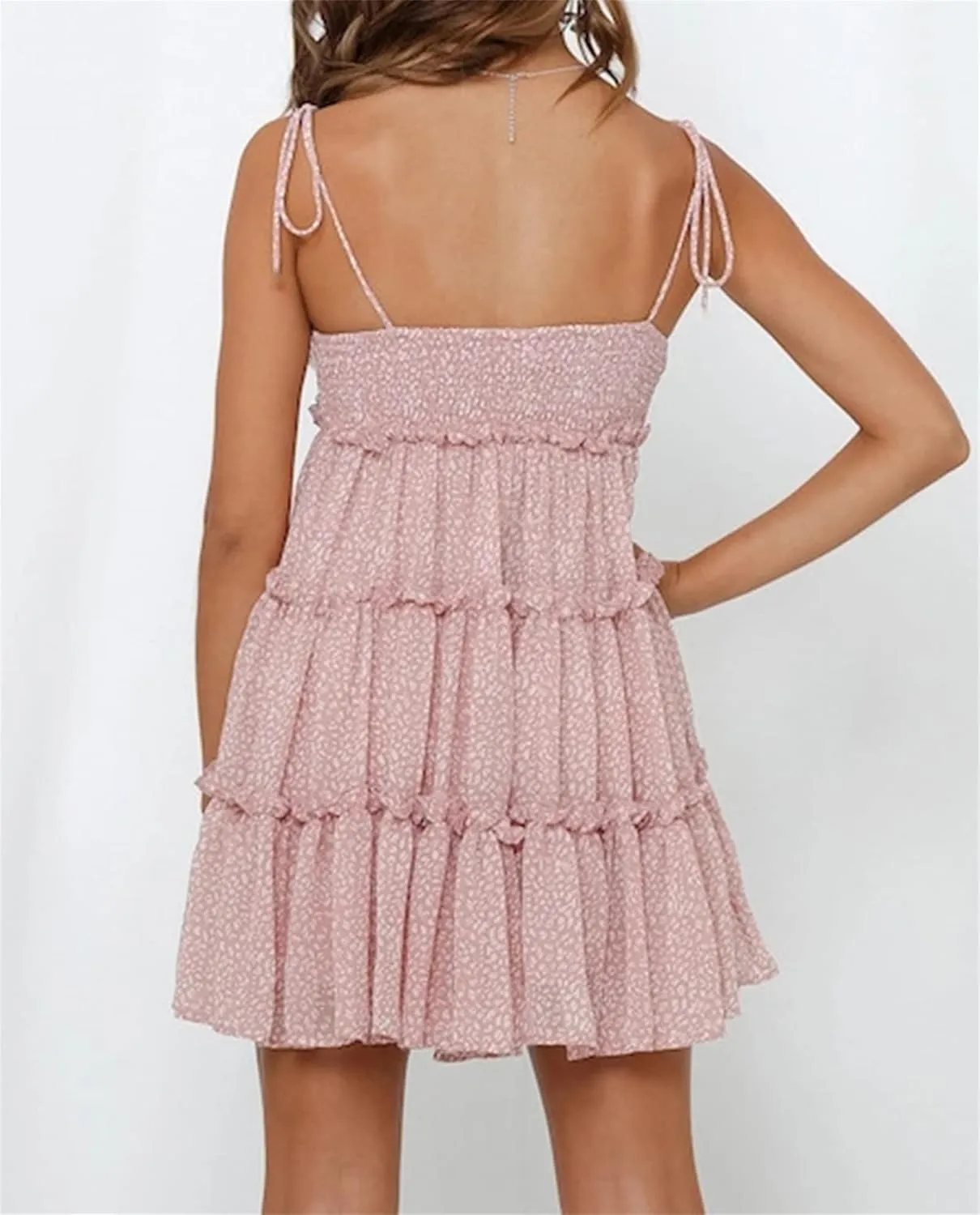 Womens Sleeveless Summer Tiered Mini Dress Spaghetti Strap Floral Smocked Beach Dress Boho Ruffle Skater Dress