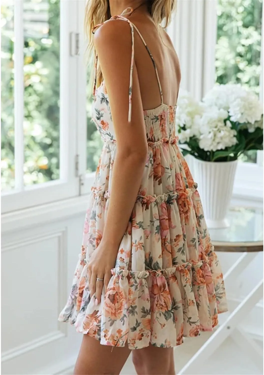 Womens Sleeveless Summer Tiered Mini Dress Spaghetti Strap Floral Smocked Beach Dress Boho Ruffle Skater Dress