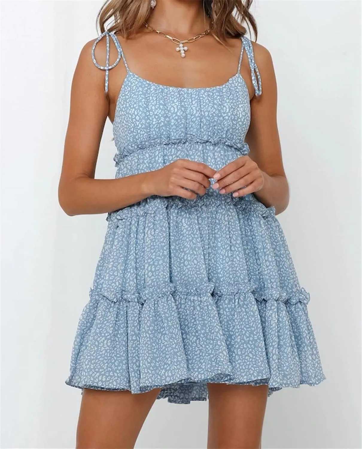 Womens Sleeveless Summer Tiered Mini Dress Spaghetti Strap Floral Smocked Beach Dress Boho Ruffle Skater Dress