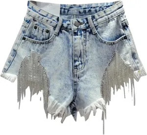 Womens Spring Summer Metallic Thread Denim Shorts High Waist Nightclub Disco Retro Hot Pants