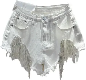 Womens Spring Summer Metallic Thread Denim Shorts High Waist Nightclub Disco Retro Hot Pants