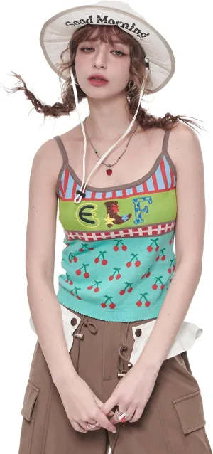Womens Stretchy Camisole Cotton Yarn Knit Jacquard Color Contrast