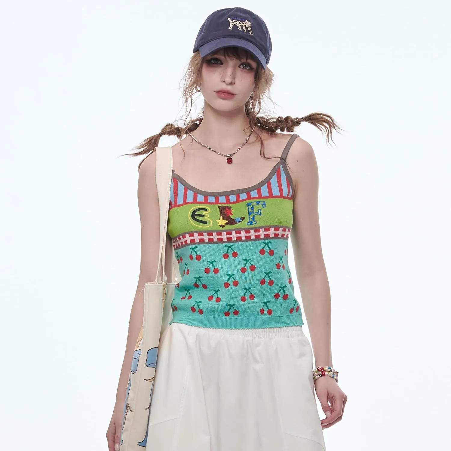 Womens Stretchy Camisole Cotton Yarn Knit Jacquard Color Contrast