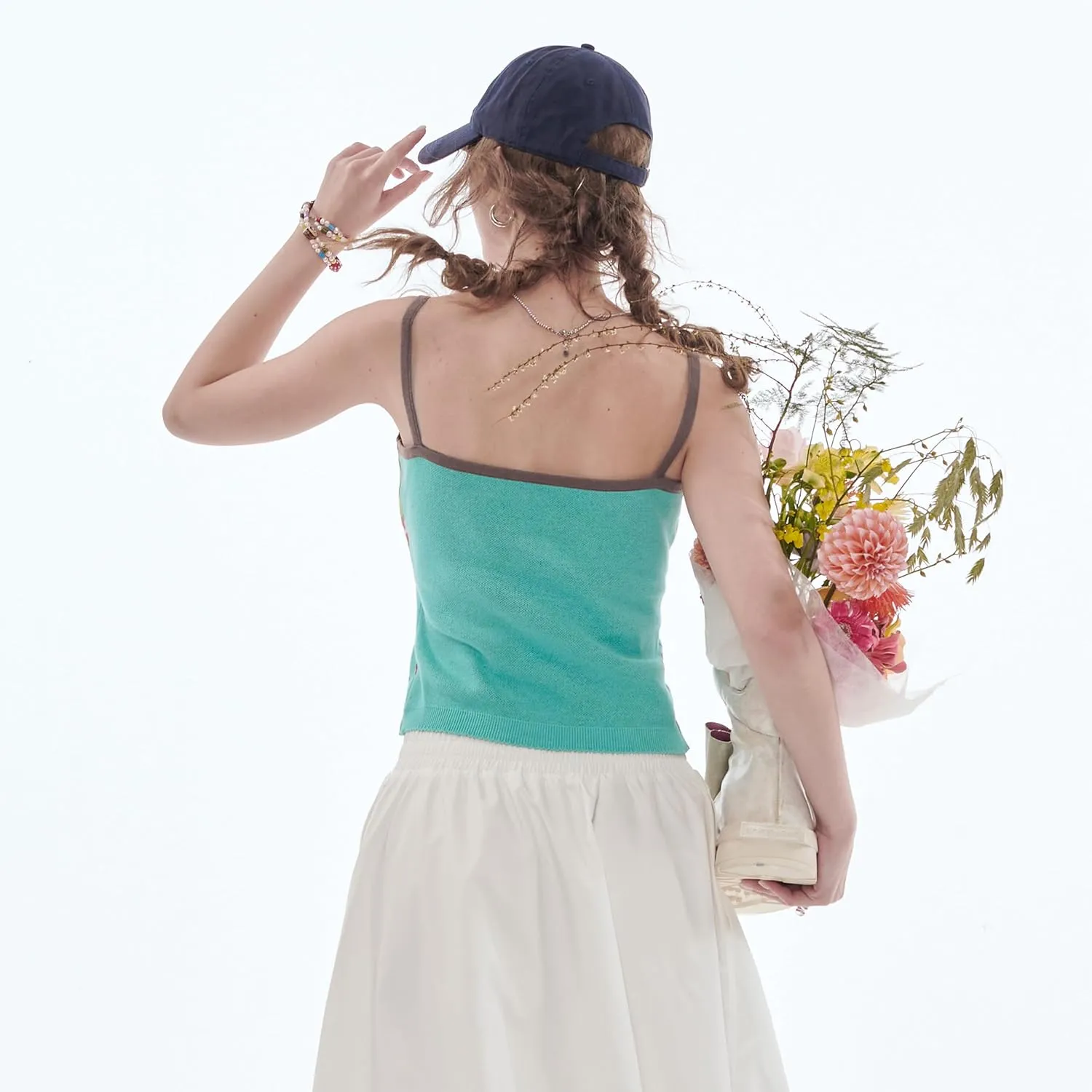 Womens Stretchy Camisole Cotton Yarn Knit Jacquard Color Contrast