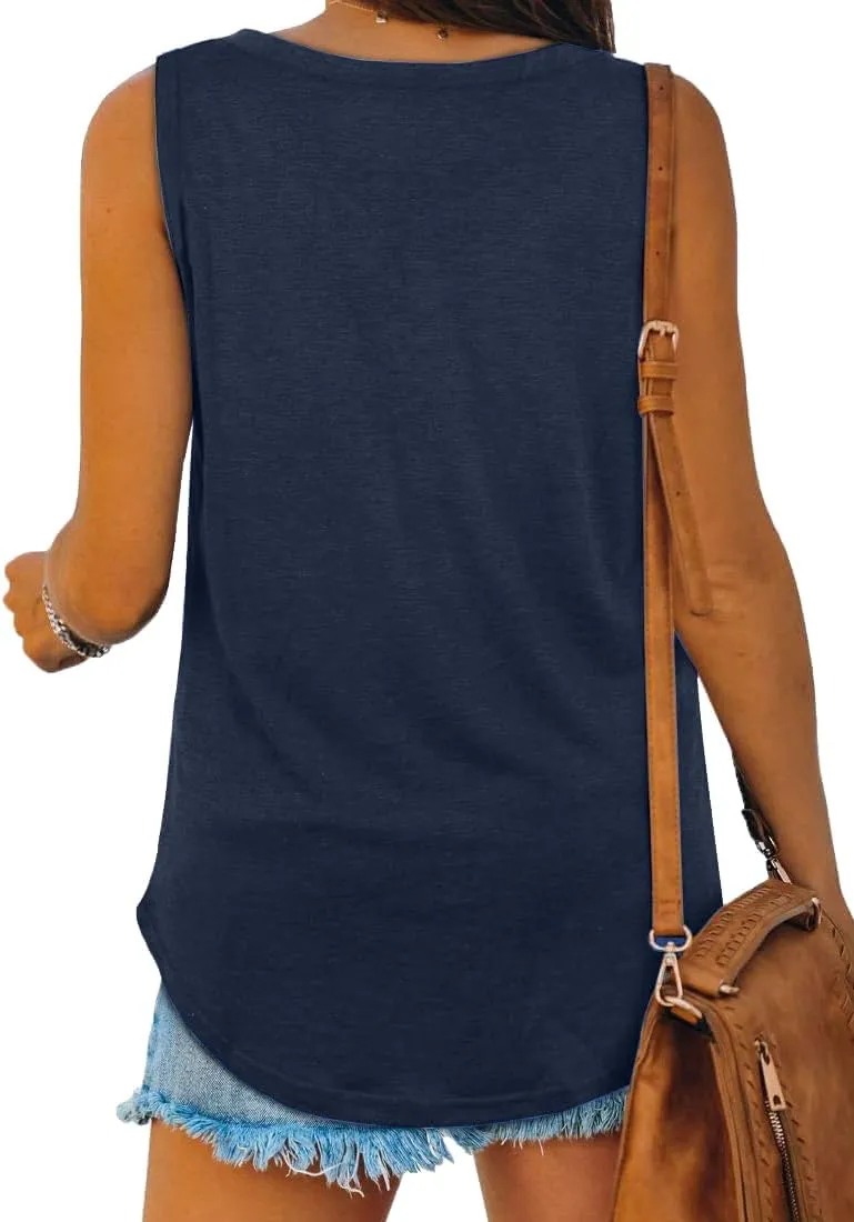 Womens Summer Deep V Neck Sleeveless Tank Top Curved Hem Casual Loose Fit Flowy Tank