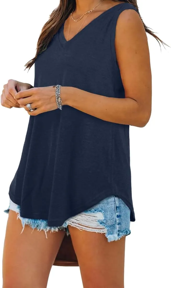 Womens Summer Deep V Neck Sleeveless Tank Top Curved Hem Casual Loose Fit Flowy Tank