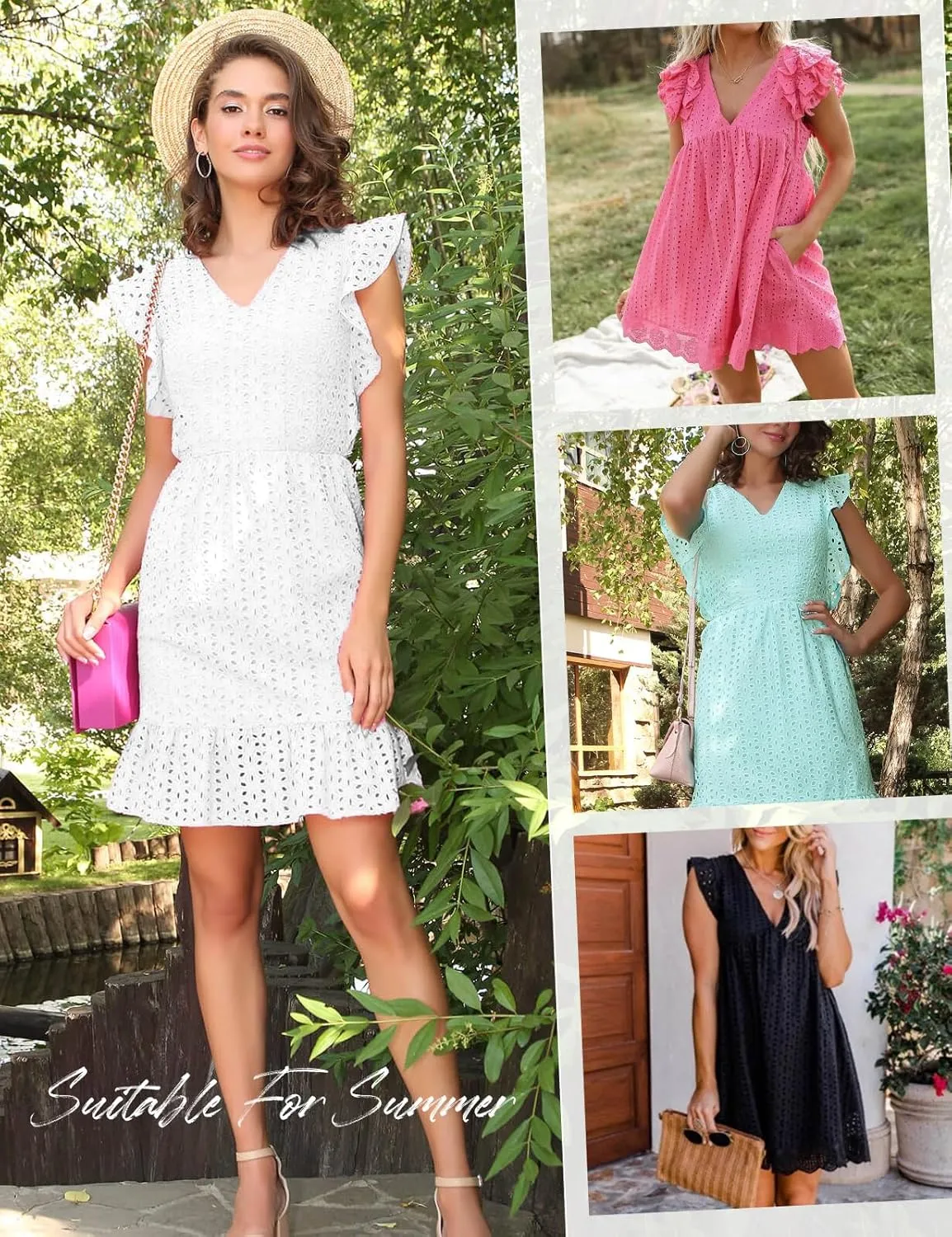 Women's Summer Dresses 2025 Beach Casual V Neck Loose Sundress Ruffle Sleeve Mini Dress with Pockets