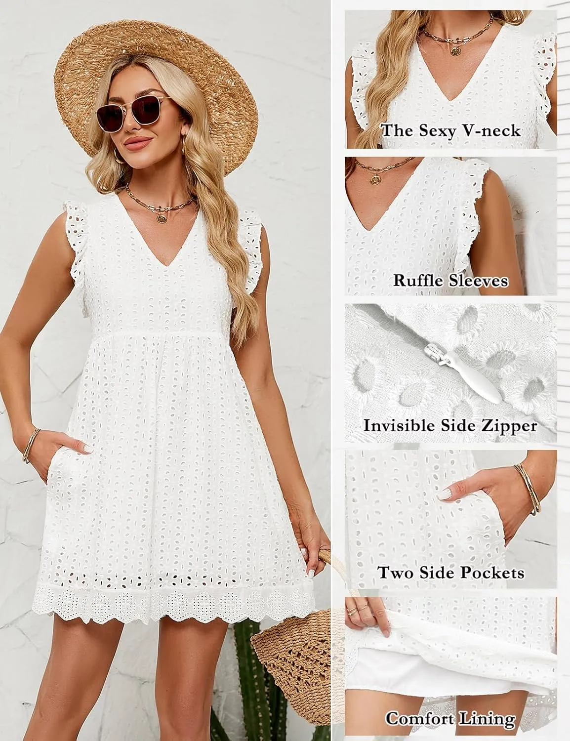 Women's Summer Dresses 2025 Beach Casual V Neck Loose Sundress Ruffle Sleeve Mini Dress with Pockets