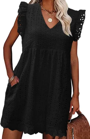 Women's Summer Dresses 2025 Beach Casual V Neck Loose Sundress Ruffle Sleeve Mini Dress with Pockets