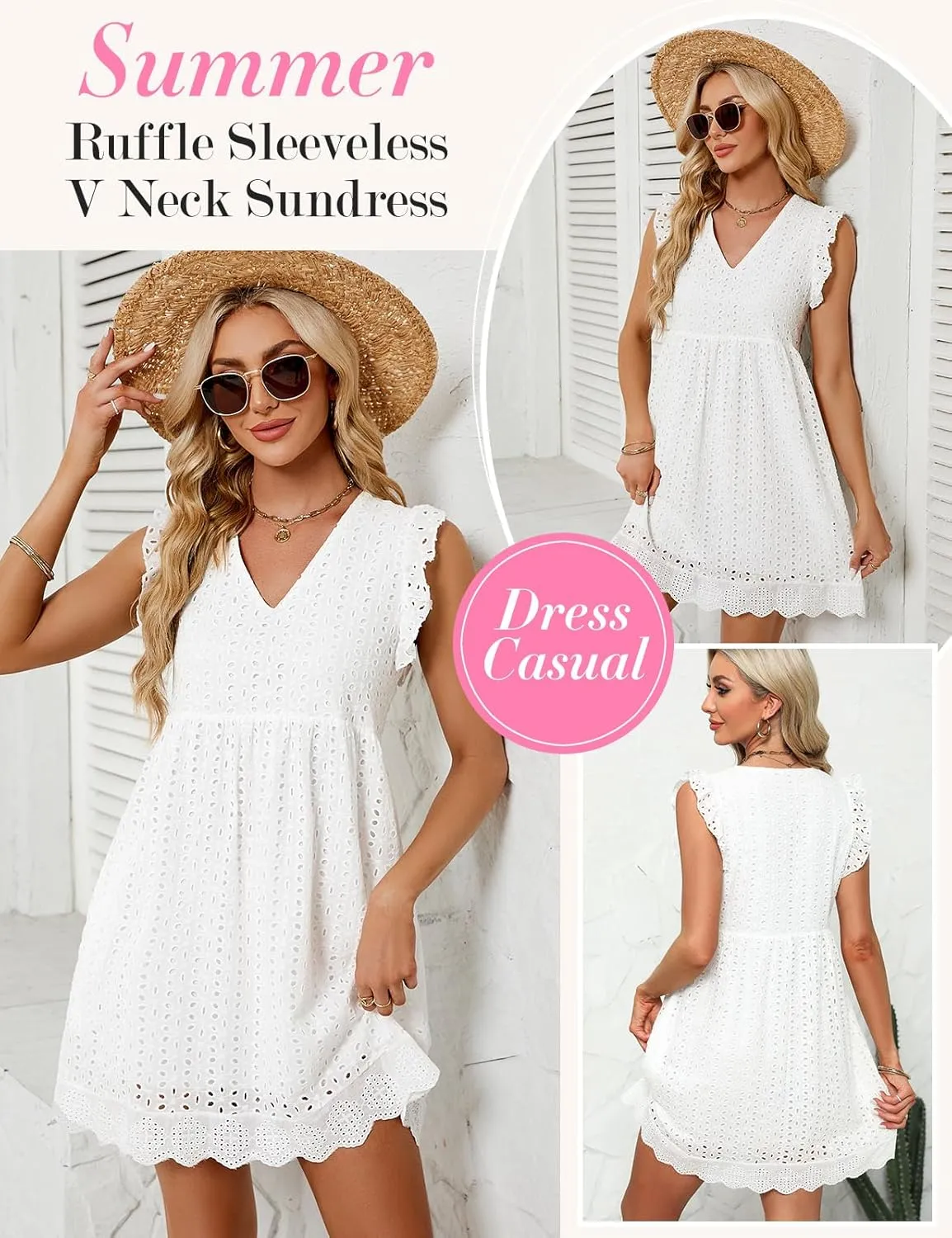 Women's Summer Dresses 2025 Beach Casual V Neck Loose Sundress Ruffle Sleeve Mini Dress with Pockets