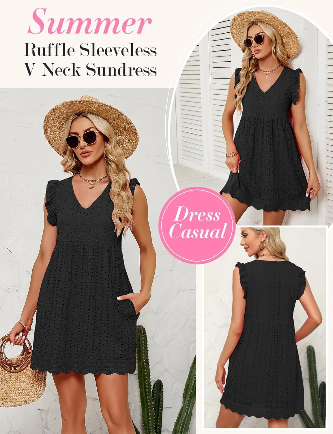 Women's Summer Dresses 2025 Beach Casual V Neck Loose Sundress Ruffle Sleeve Mini Dress with Pockets
