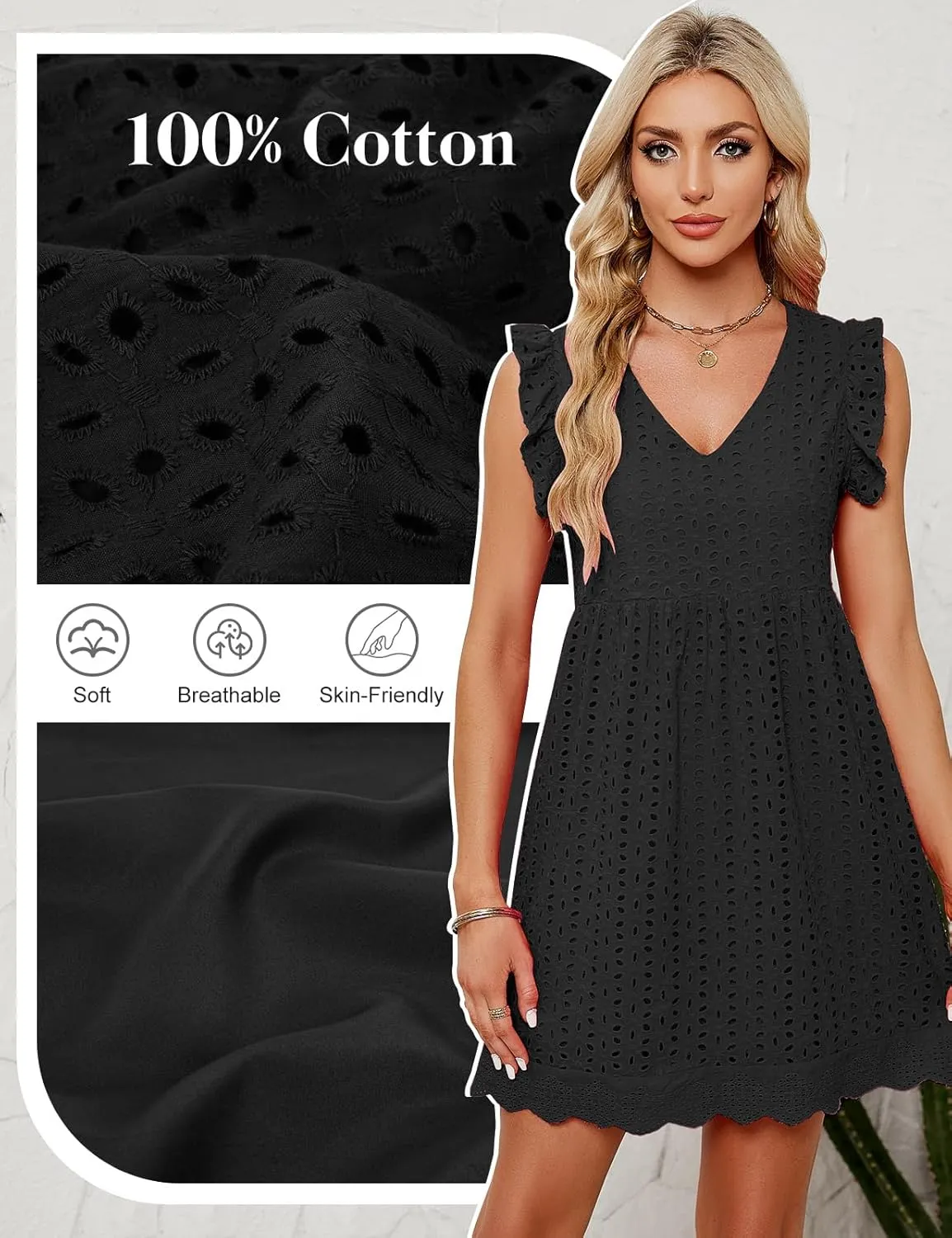 Women's Summer Dresses 2025 Beach Casual V Neck Loose Sundress Ruffle Sleeve Mini Dress with Pockets
