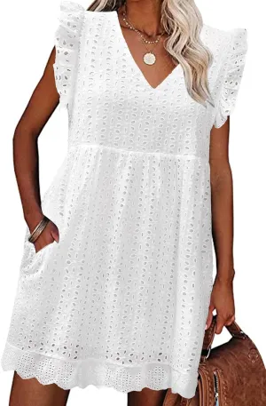 Women's Summer Dresses 2025 Beach Casual V Neck Loose Sundress Ruffle Sleeve Mini Dress with Pockets