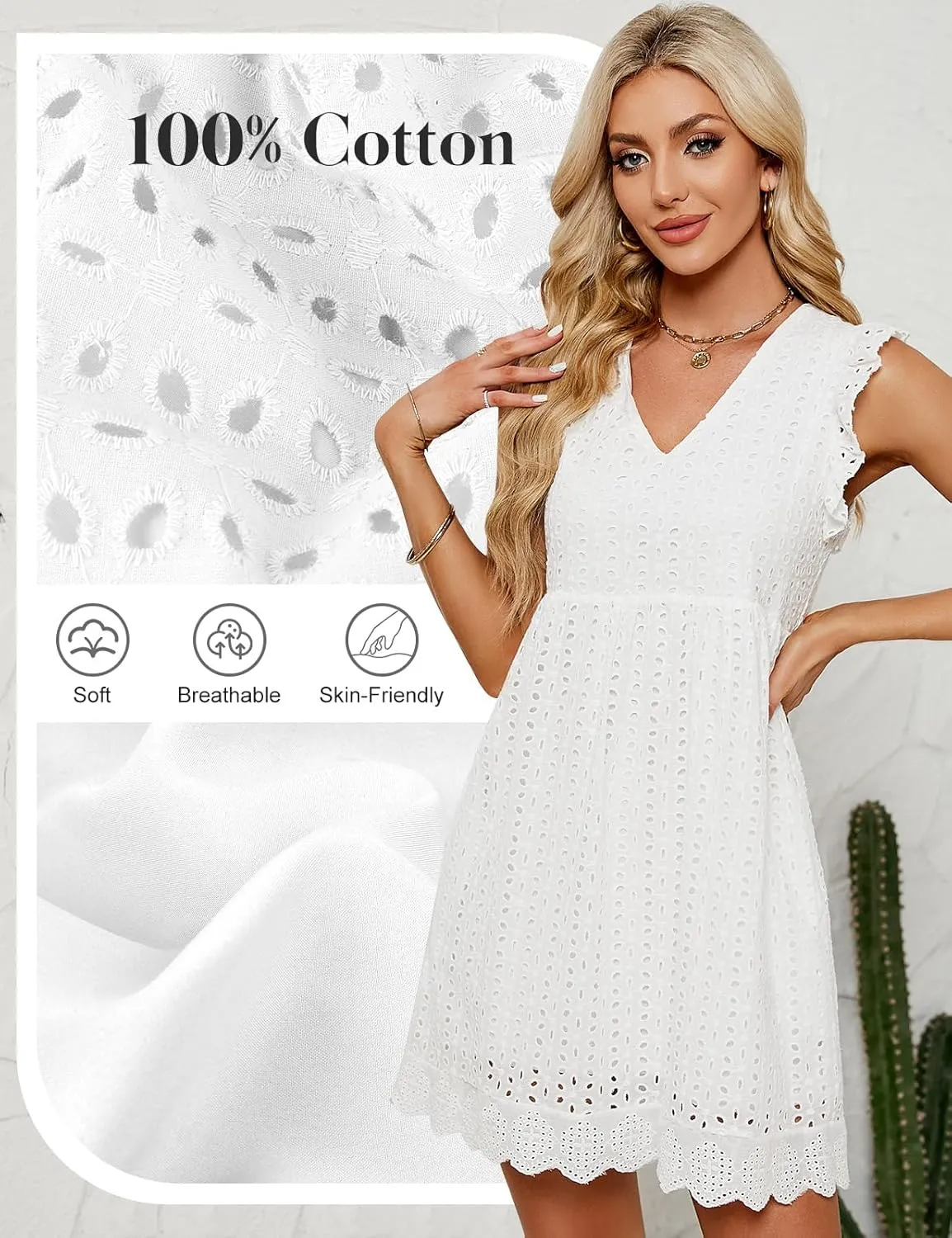 Women's Summer Dresses 2025 Beach Casual V Neck Loose Sundress Ruffle Sleeve Mini Dress with Pockets