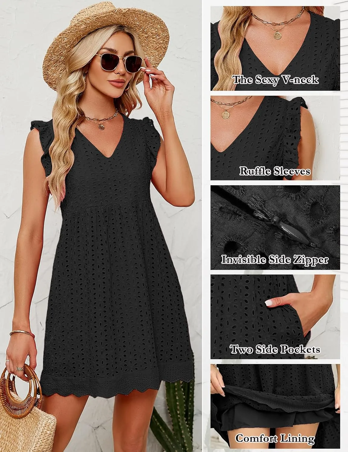 Women's Summer Dresses 2025 Beach Casual V Neck Loose Sundress Ruffle Sleeve Mini Dress with Pockets