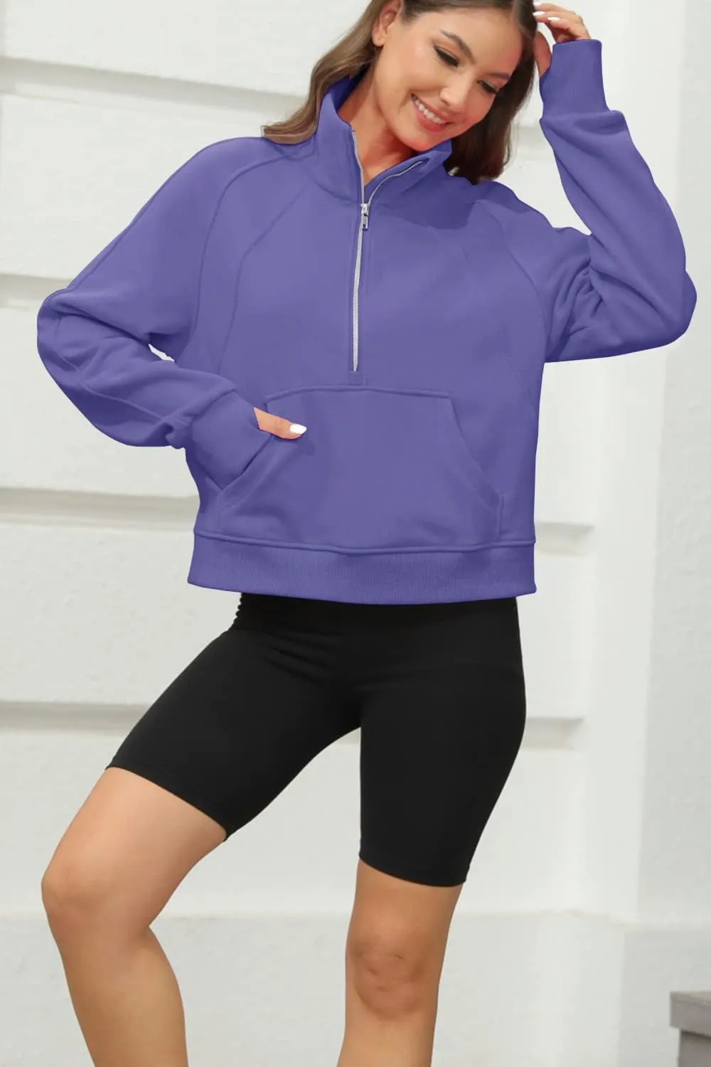 Women's Sweatshirts Fleece Lined Half Zipper Crop Pullover Tops Funnel Neck Long Sleeve Sweater Thumb Hole