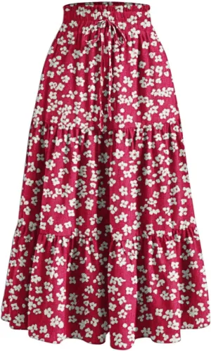 Womens Tiered Maxi Skirts Drawstring Elastic Waist Flowy Swing Long Skirt Summer Boho Beach Dress Trendy Clothes