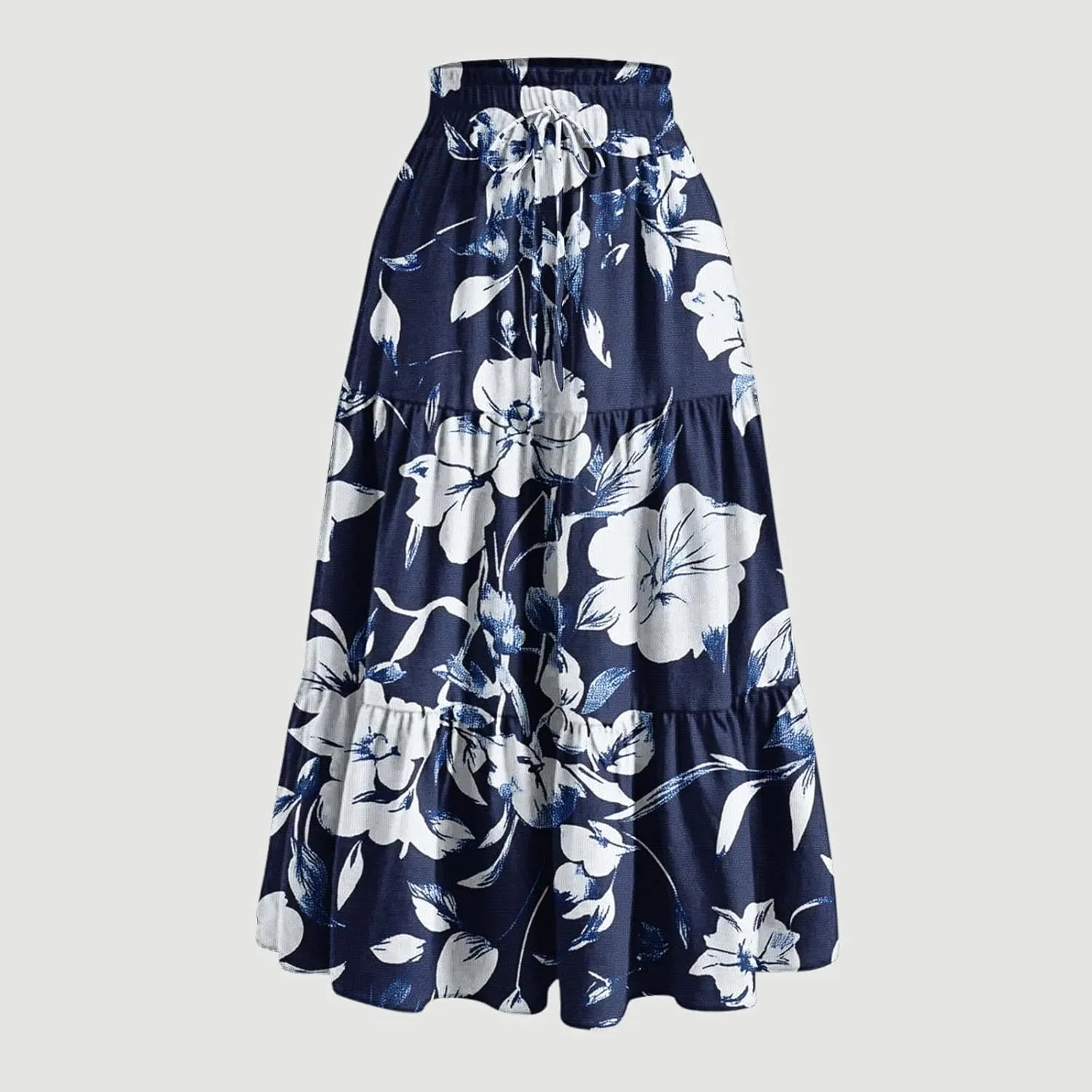 Womens Tiered Maxi Skirts Drawstring Elastic Waist Flowy Swing Long Skirt Summer Boho Beach Dress Trendy Clothes