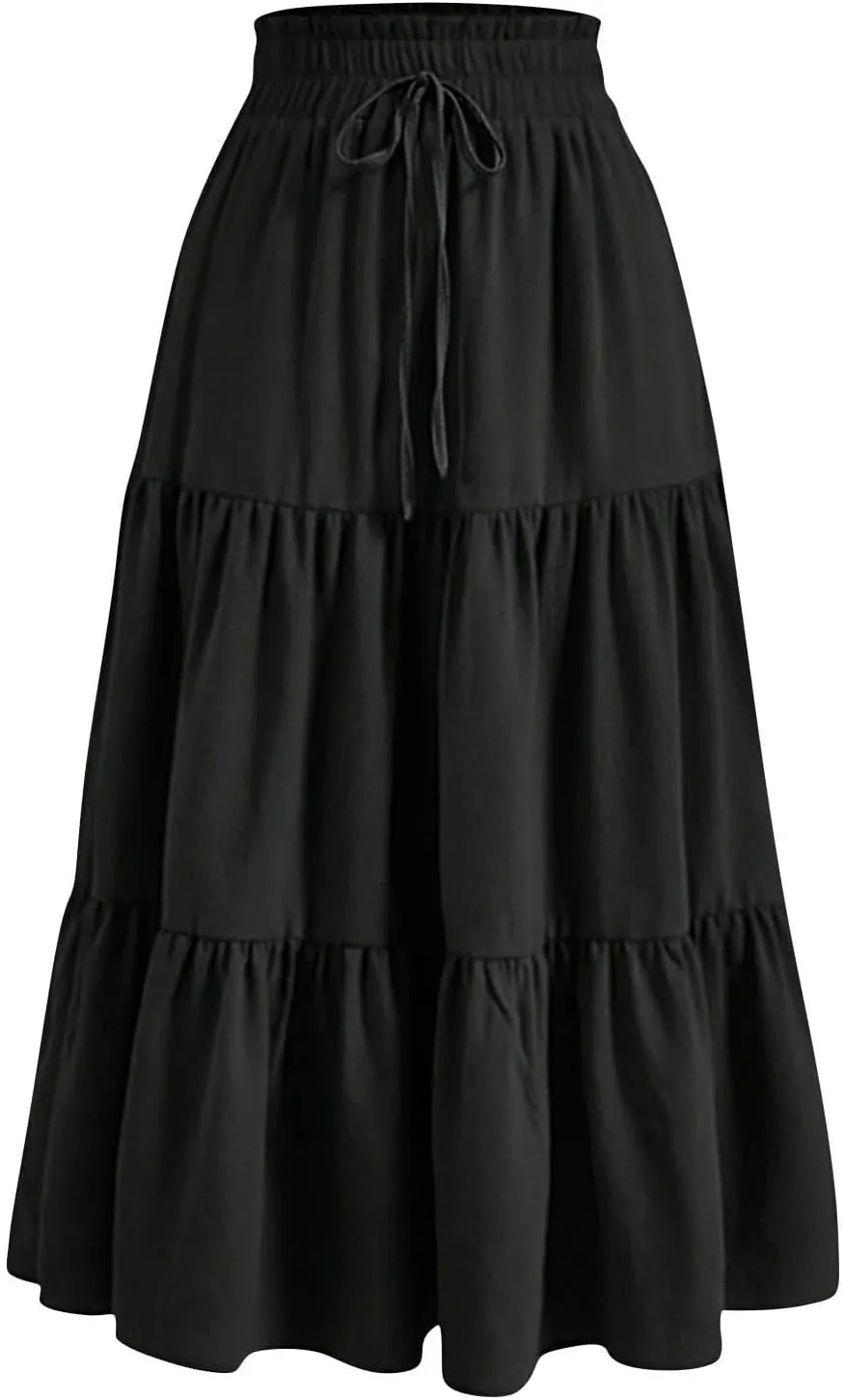 Womens Tiered Maxi Skirts Drawstring Elastic Waist Flowy Swing Long Skirt Summer Boho Beach Dress Trendy Clothes