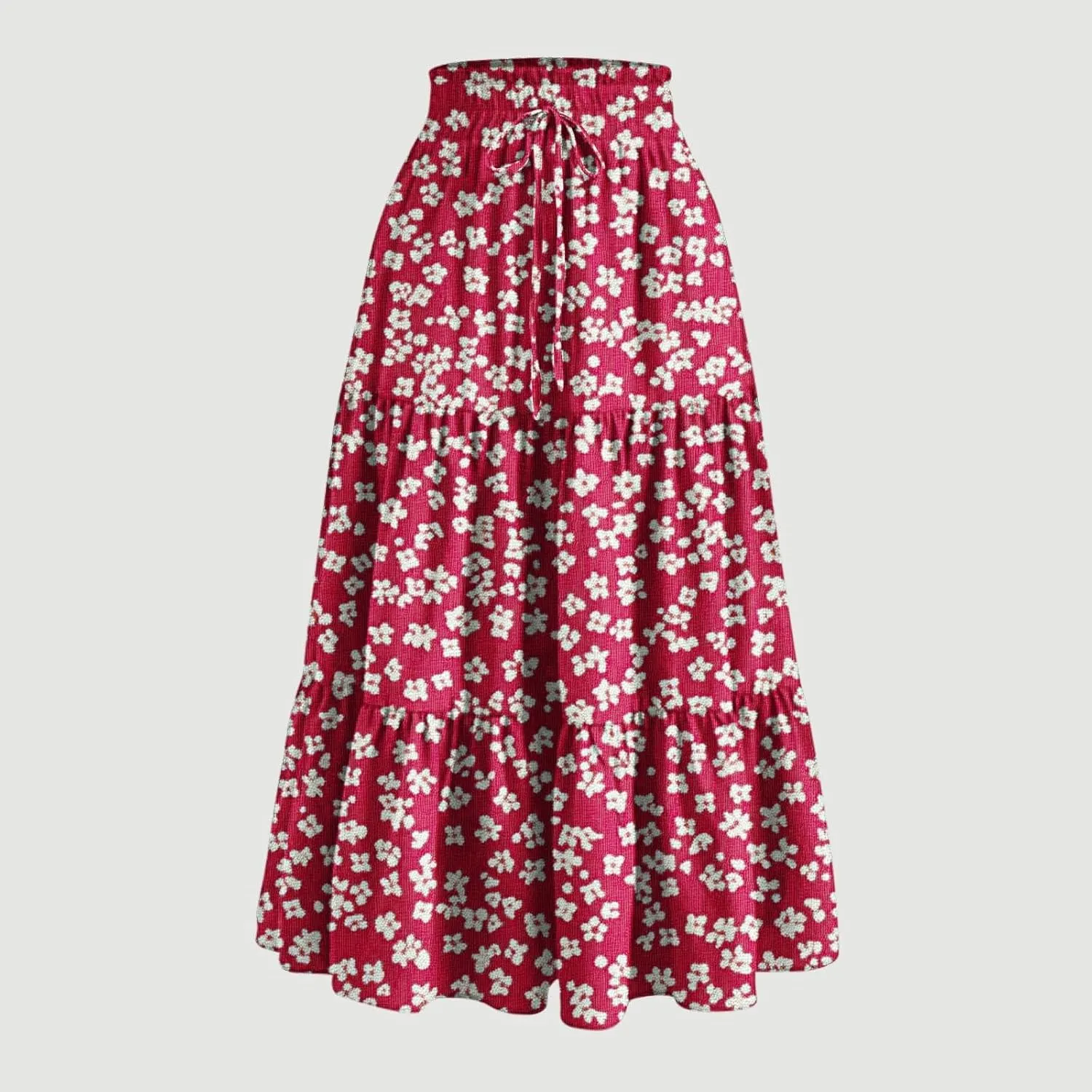 Womens Tiered Maxi Skirts Drawstring Elastic Waist Flowy Swing Long Skirt Summer Boho Beach Dress Trendy Clothes