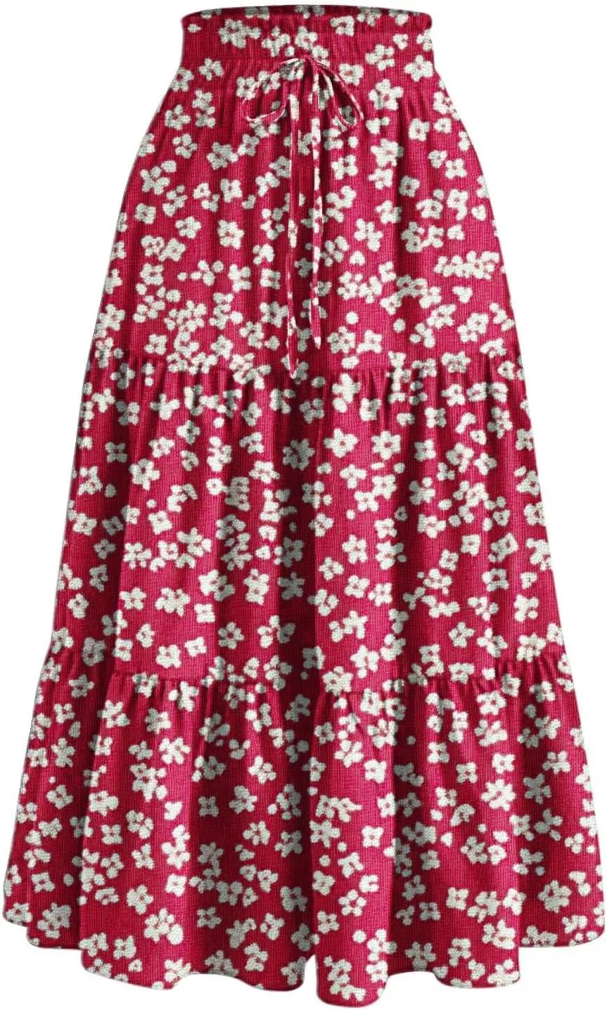 Womens Tiered Maxi Skirts Drawstring Elastic Waist Flowy Swing Long Skirt Summer Boho Beach Dress Trendy Clothes