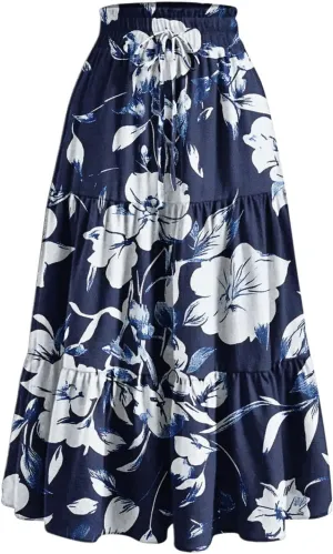 Womens Tiered Maxi Skirts Drawstring Elastic Waist Flowy Swing Long Skirt Summer Boho Beach Dress Trendy Clothes