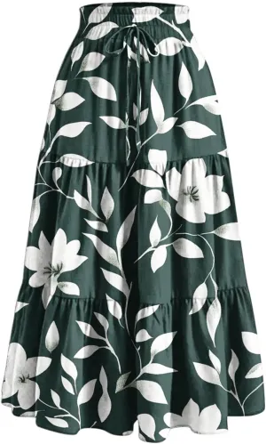 Womens Tiered Maxi Skirts Drawstring Elastic Waist Flowy Swing Long Skirt Summer Boho Beach Dress Trendy Clothes