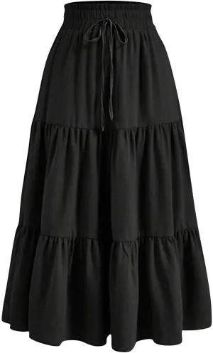Womens Tiered Maxi Skirts Drawstring Elastic Waist Flowy Swing Long Skirt Summer Boho Beach Dress Trendy Clothes