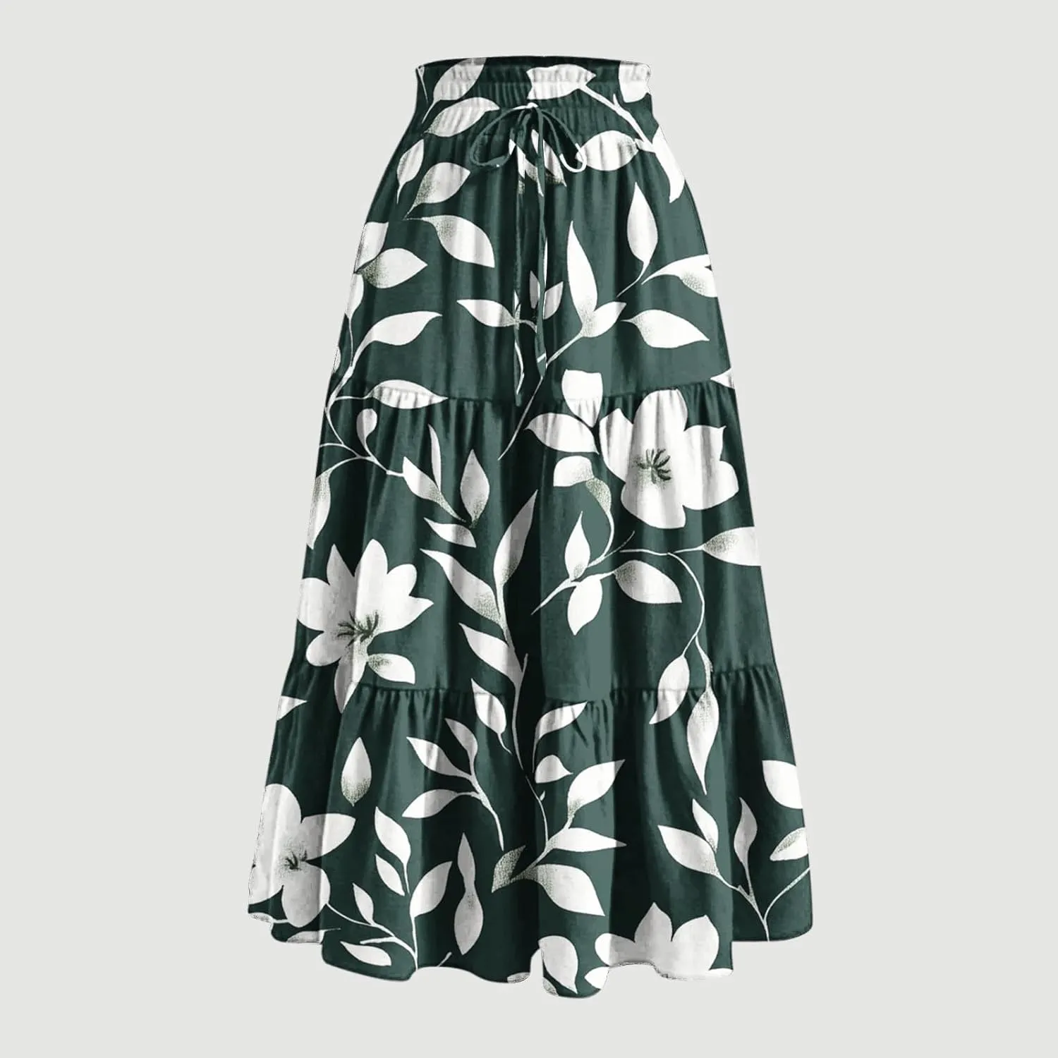 Womens Tiered Maxi Skirts Drawstring Elastic Waist Flowy Swing Long Skirt Summer Boho Beach Dress Trendy Clothes