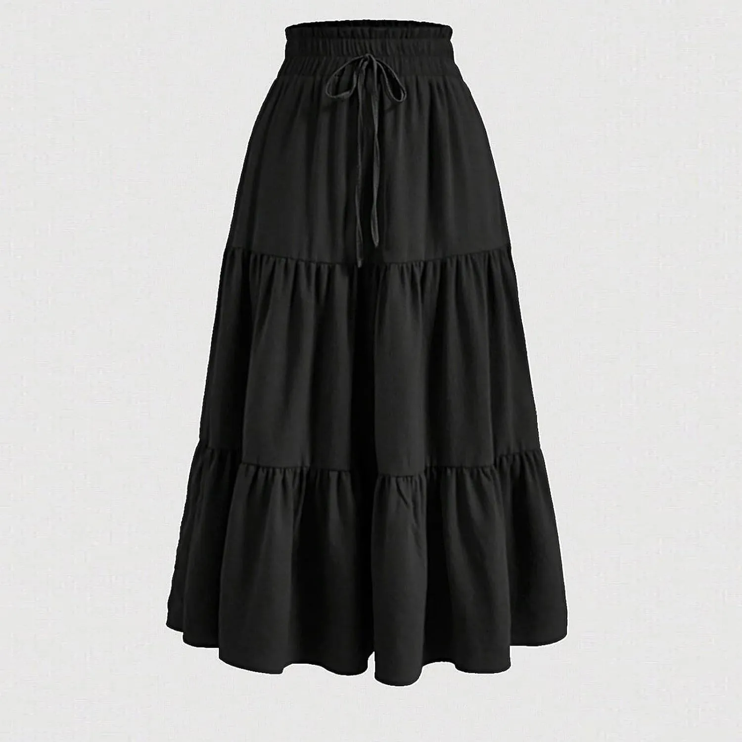 Womens Tiered Maxi Skirts Drawstring Elastic Waist Flowy Swing Long Skirt Summer Boho Beach Dress Trendy Clothes