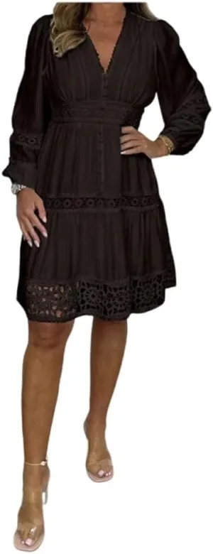 Women's Vintage Hollow Out Lace V-Neck Dress, Plus Size Dresses for Curvy Women, White Dress Women