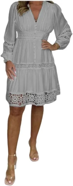 Women's Vintage Hollow Out Lace V-Neck Dress, Plus Size Dresses for Curvy Women, White Dress Women