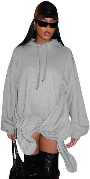 Womens Y2K Oversized Hoodie Grey Sweatshirt Long Sleeve Fleece Pullover Sweatshirt Dresses for Women 2025