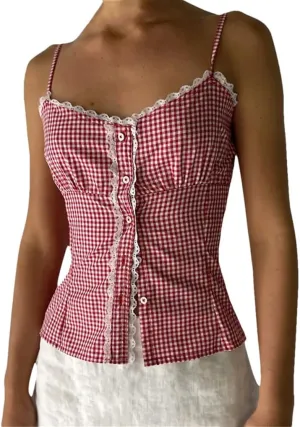 Women's Y2k Plaid Lace Patchwork Slim Fit Retro Sleeveless Camisole