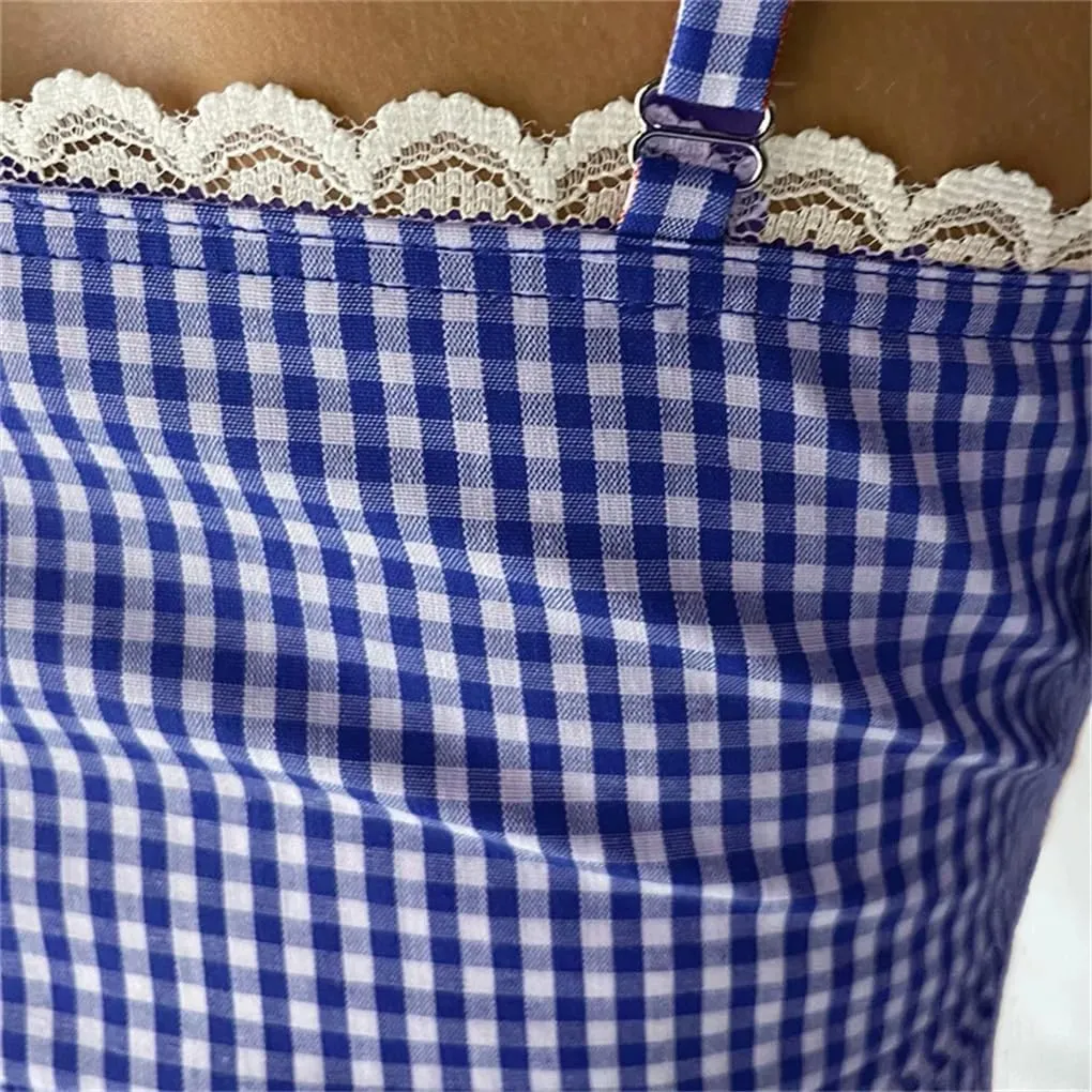 Women's Y2k Plaid Lace Patchwork Slim Fit Retro Sleeveless Camisole